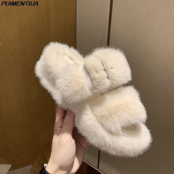 

puimentiua fashion fur home slippers woman platform plush indoor fashionable furry shoes adjustable buckle fluffy slippers x1020, Black