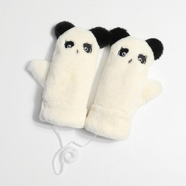 

five fingers gloves women winter fuzzy fluffy plush full finger with string cartoon panda embroidery thermal warm mittens, Blue;gray