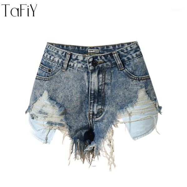 

tafiy women jeans short vintage mini denim shorts high waist slim irregular hole jeans shorts washed tassel female1, Blue