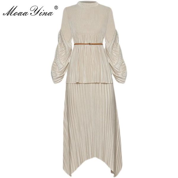 

women's tracksuits moaayina fashion designer suit spring summer women lantern sleeve loose lace-up + asymmetrical skirt pleated two-pie, Gray