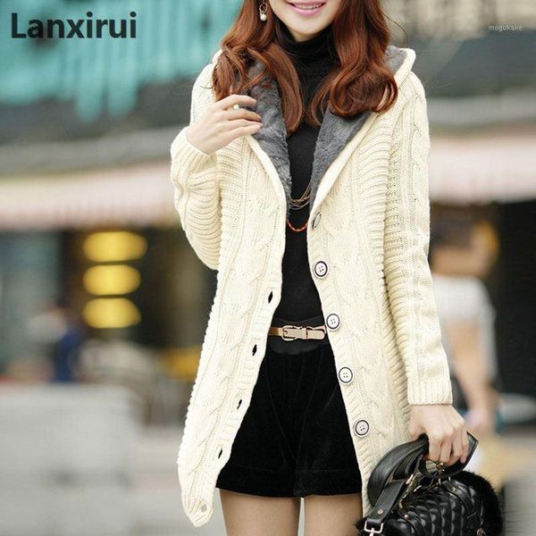 

lady winter hooded fleece liner cashmere cardigan knitted sweater coat women thick warm long sleeve knit weave long jacket 1, White