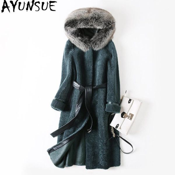 

ayunsue women's fur coat female natural sheep shearling double faced fur coat winter jacket women collar long coats my1, Black
