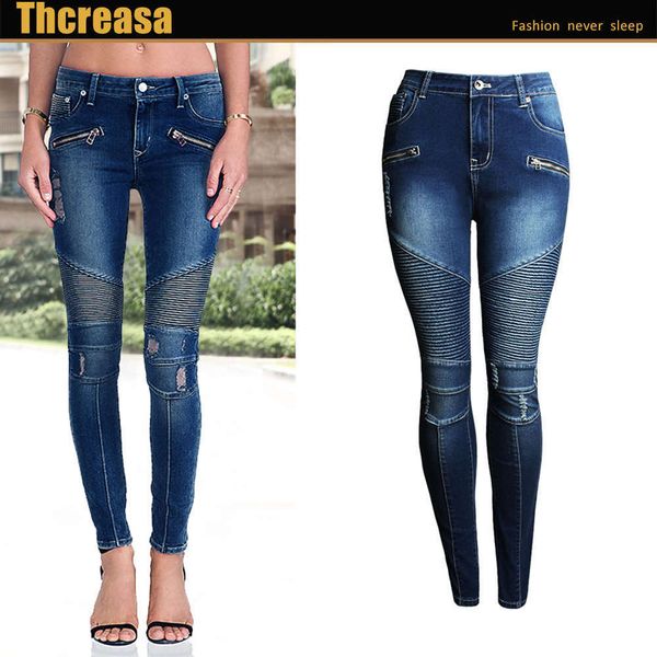 

motorcycle style wear broken hole slim elastic show thin medium waist women's jeans pencil pants, Blue