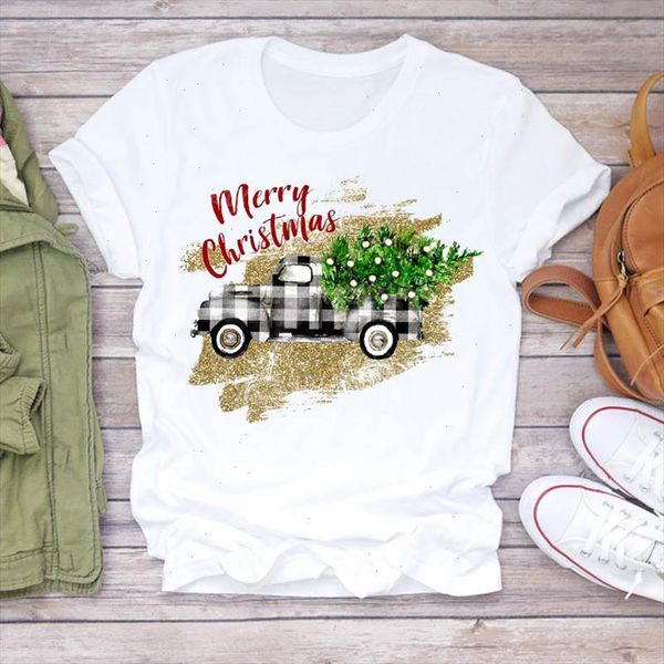 

women tree plaid truck fashion happy time 90s merry christmas print lady t shirts t shirt ladies graphic female tee shirt, White