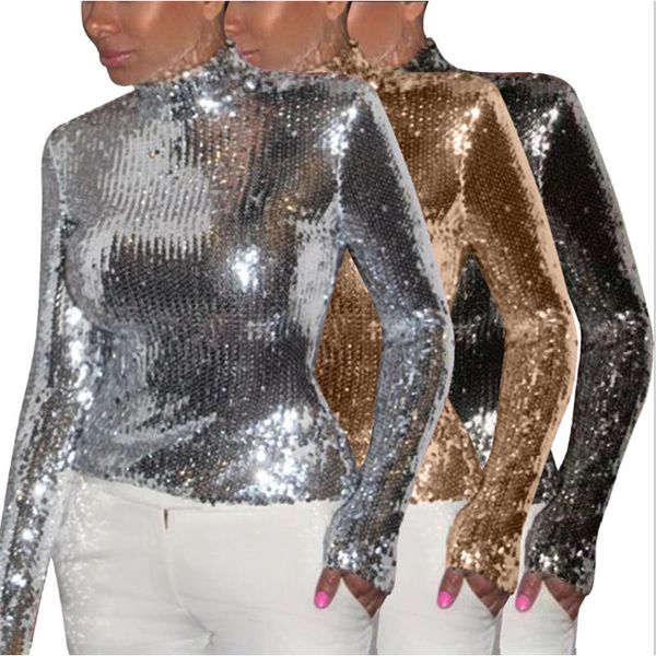 

womens spring and autumn fitting comfort long sleeve blouses sequin full body decor mock neck chic t-shirts, White