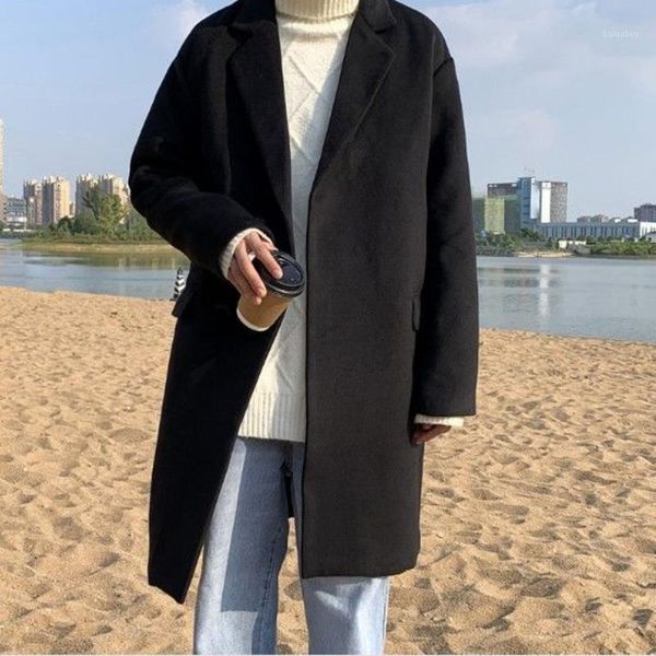 

men's woolen coat 2021 spring and winter new slim solid color mid-length casual single-breasted lapel youth men's clothing -2xl1, Tan;black