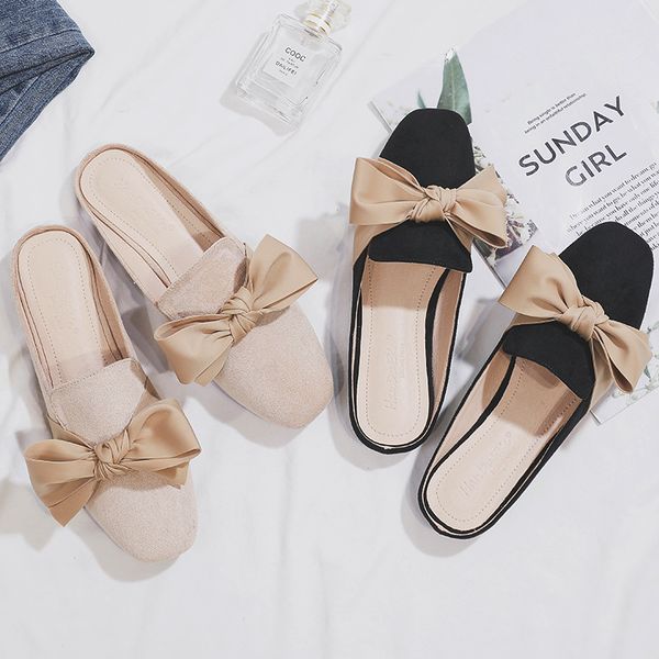 

chic ladies mules summer bow-knot women slippers solid slip-on flat ladies office shoes summer slippers female, Black