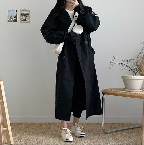 

women's lapel color comfortable windbreaker spring loose casual black long trench coat, Tan;black