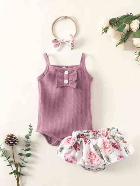 

baby ruffle trim cami bodysuit & floral print skort with headband she, White