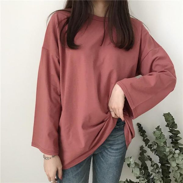 

harajuku solid loose long sleeve t-shirts women sweet candy colors t shirt korean style simple designed womens fashion tees, White