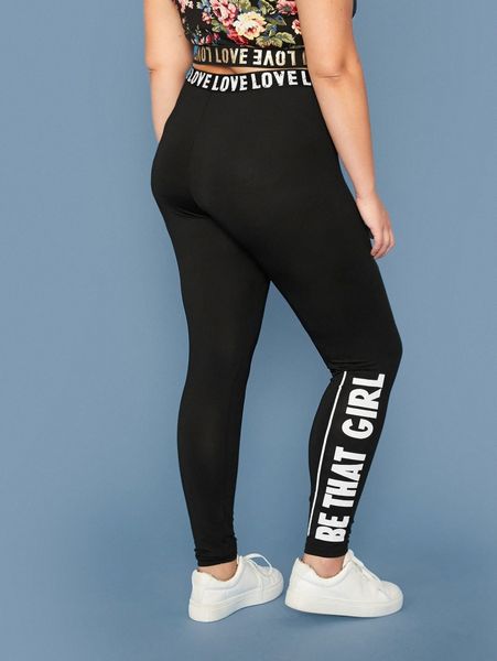 

plus slogan print leggings 35gg#, Black