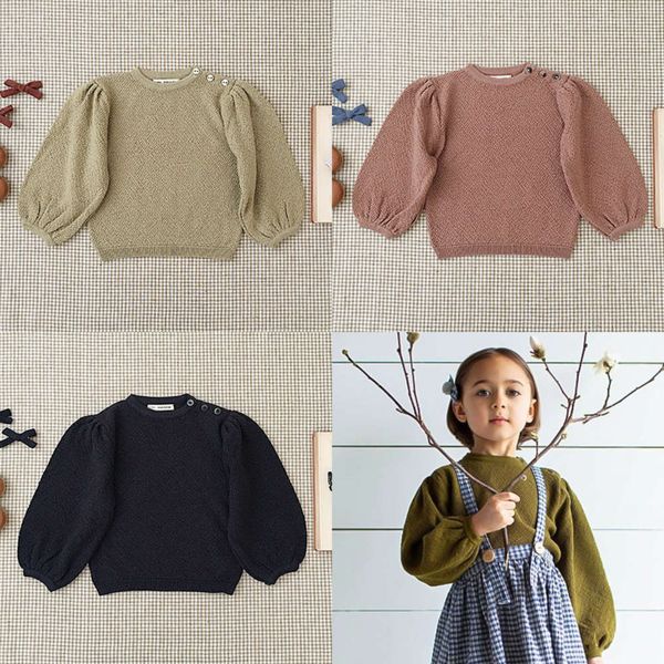 

winter children's 2020 new cute girl's bubble sve open button baby round neck sweater, Blue
