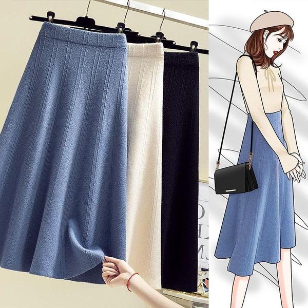 

women 2020 autumn winter new fashion knitted skirt female loose warm high waist skirts ladies elegant a line skirts, Black