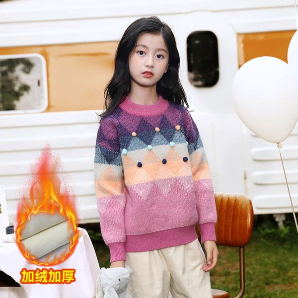 

plush thickened autumn winter new 2020 middle girls' and big children's bottom knitted loose sweater, Blue