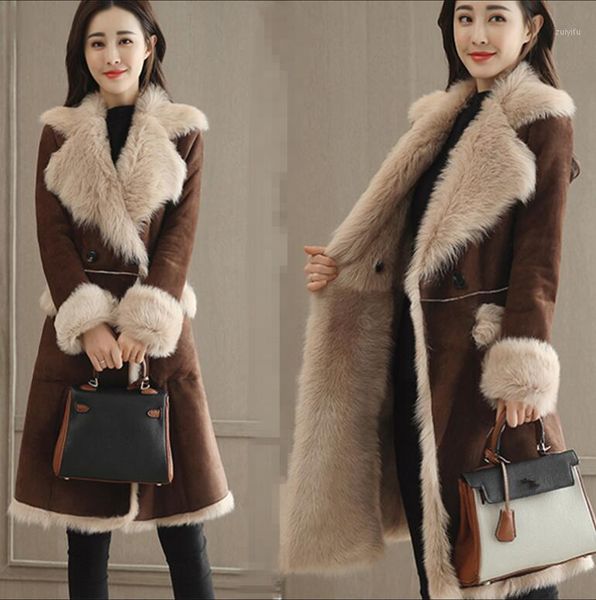 

women turn down collar loose coats 2019 winter warm thicken coats and jackets long lambskin suede thick overcoats w7801, Black;brown