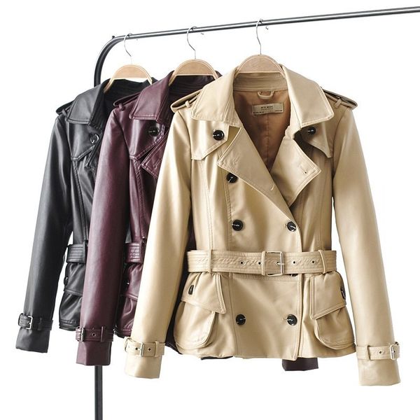 

ftlzz autumn new women biker leather jacket double-breasted lape british wind pu leather slim coat belt pink leather jackets 201030, Black
