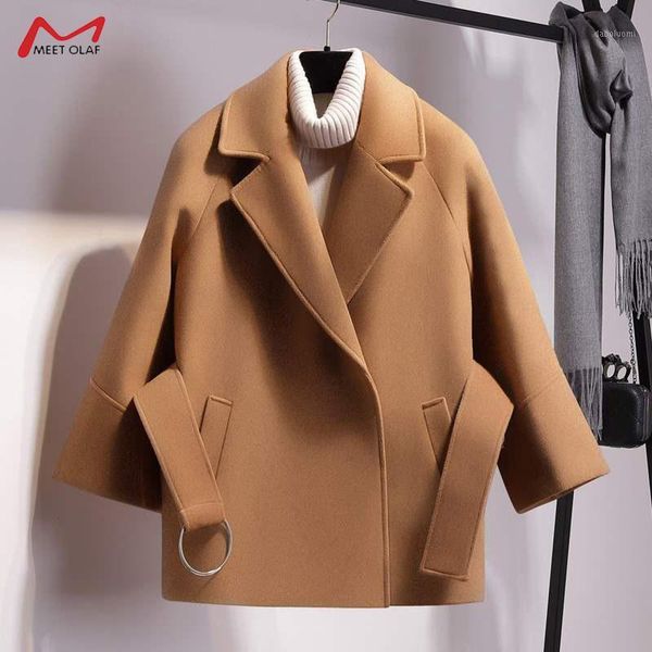 

2020 autumn winter women short thin woolen coat new fashion cape coat female belt jacket black khaki apricot plus size ca34981