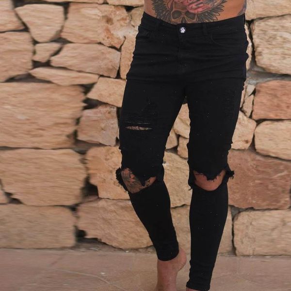 

ripped slim fit motorcycle holes mens pants slim fit trousers running hip hop sweatpants comfortable sweatpants pants trousers, Black