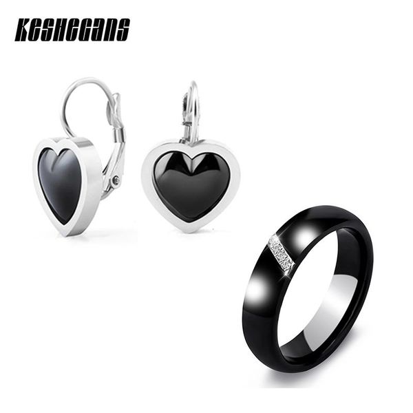 

модные керамические ювелирные изделия набор сердца серьги хрустальные кольца черный белый цвет для женщин девушки вечеринка свадебные украше, Silver