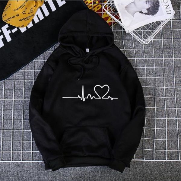

heart print kangaroo pocket drawstring hoodie, Black
