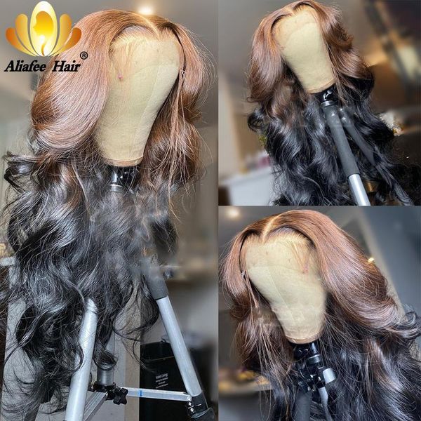 

lace wigs aliafee body wave brown front human hair 30"32" pre plucked natural color ombre remy part wig for black women, Black;brown
