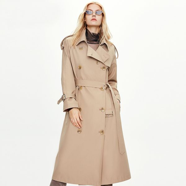 

2021 new coat with belt turn down collar drouble breated women long trench femme abrigo streetwear hh2o, Tan;black