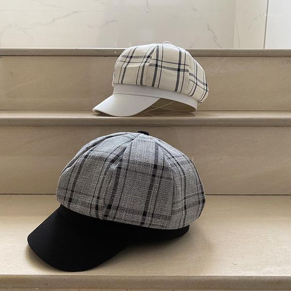 

202008-25-jx autumn britain college style painter plaid leisure lady octagonal hat men women visors cap1, Blue;gray