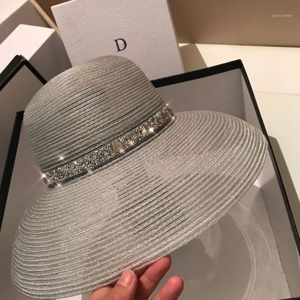

wide brim hats sunscreen silver sun hat women's summer fashion foldable straw beach travel dome sun1, Blue;gray