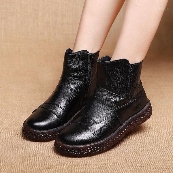 

boots 2021 autumn winter flat shoes retro women fashion genuine leather ankle zapatos de mujer vintage booties warm botas1, Black