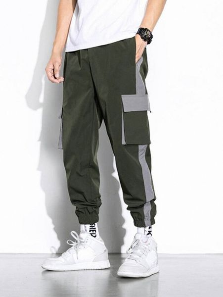 

men colorblock flap pocket side cargo pants j60b#, Black