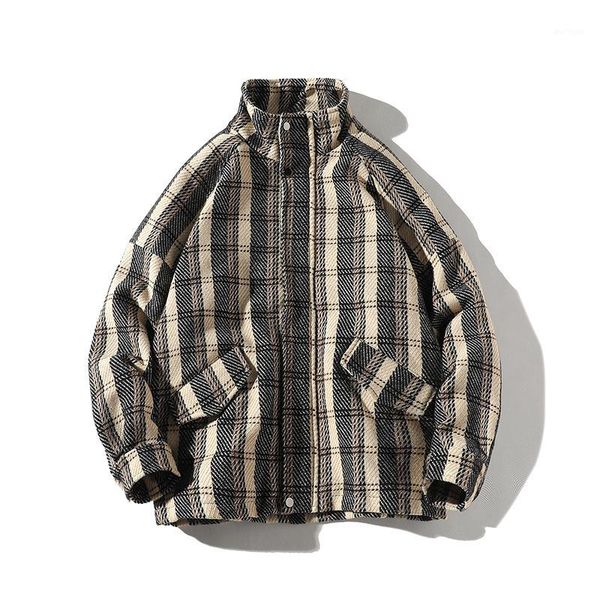 

2019 autumn loose long sleeve stand collar white retro fashion plaid shirt trend wild men's jacket1, Black;brown