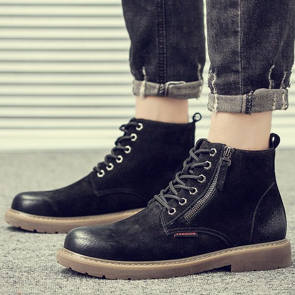 

leather genuine desert indestructible casual of high-quality men cowboy shoes from tie-up platform ankle boots iwr7, Black