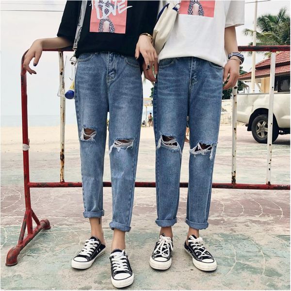 

summer jeans men fashion washed solid color casual torn holes denim pants man streetwear hip hop loose trousers male clothes, Blue