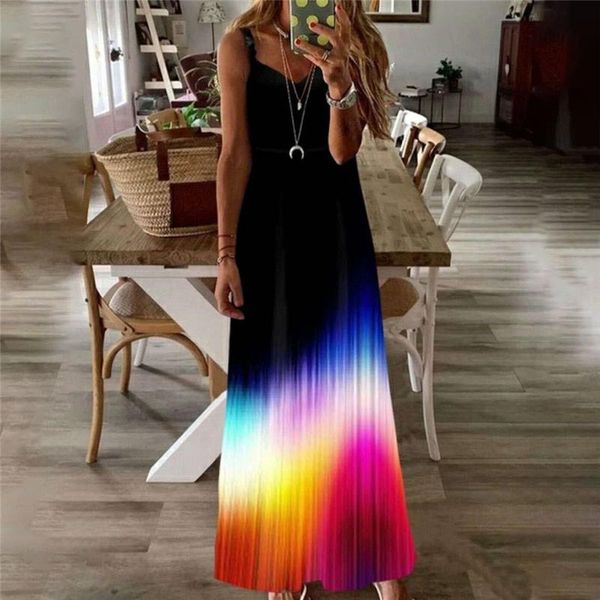 

2020 summer elegant v neck long dress casual women tie-dye print beach dress sleeveless female party maxi dresses vestidos, Black;gray