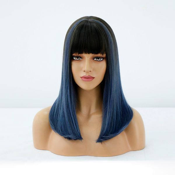 

costume accessories long blue straight ombre daily synthetic wigs for black white women with bangs cosplay natural heat resistant fiber hair, Silver