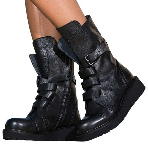 

boots women chunky heel ankle woman pu bucle strap shoes winter feminal platform for ladies, Black