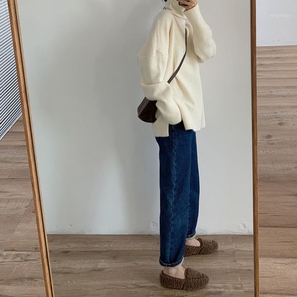 

autumn and winter women's sweater casual solid color high neck long sleeve loose sweater1, White;black