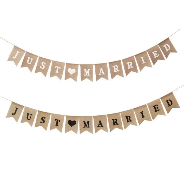 Just Married Sackleinen-Banner, Flaggen, Hochzeit, Wimpelkette, Hängeschild, Girlande, Fotoautomaten-Requisiten, Brautparty, Verlobung, Party-Dekoration, XBJK2202