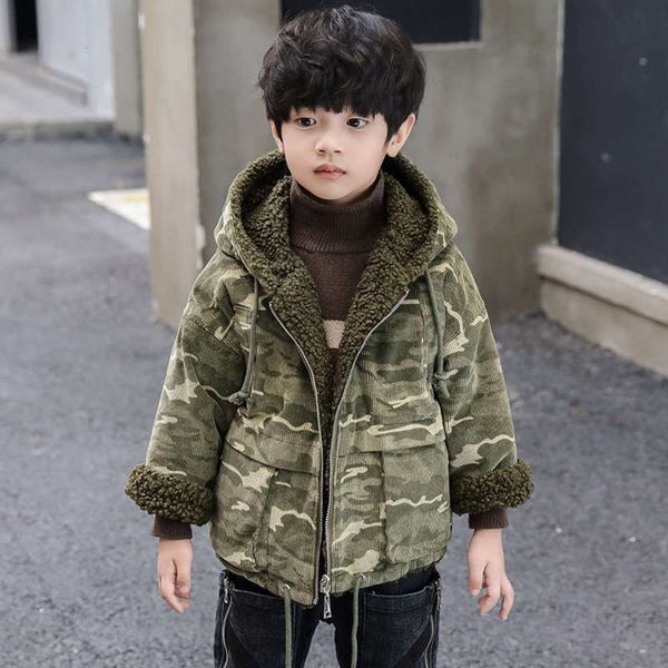 

short camouflage et stripe plush sweater two hoodi autumn winter boys' warm and thickened children's clothing, Black