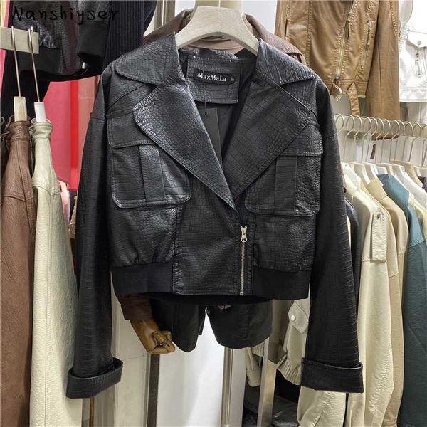 

2020 new fashion stitching faux pu leather jacket women autumn short plus size motorcycle biker leather coat female streetwear, Black