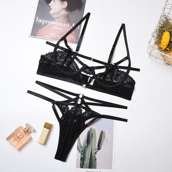 

ellolace lingerie women's underwear bra set lace underwear sets sosten hollow out bra panties lingerie underwear set c1212, Black;white