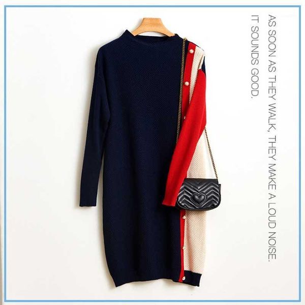 

knitted sweater dress 2020 new women female celebrity temperament waist slimming design niche round neck pullover fall1, White;black