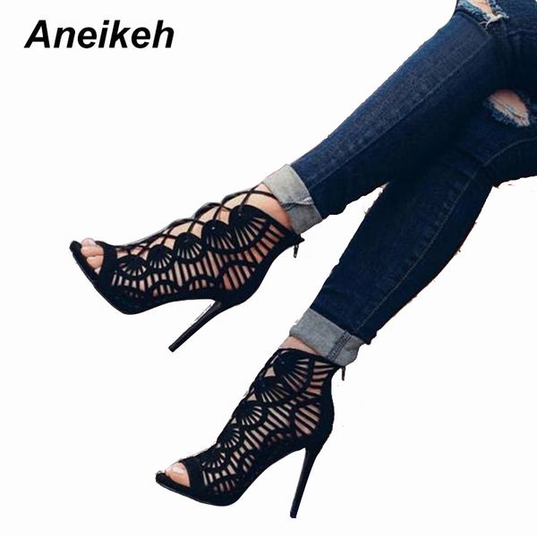 

aneikeh summer sandals women pumps open-toed women high heels shoes fashion serpentine pattern belt 11cm thin heels party shoe y200702, Black