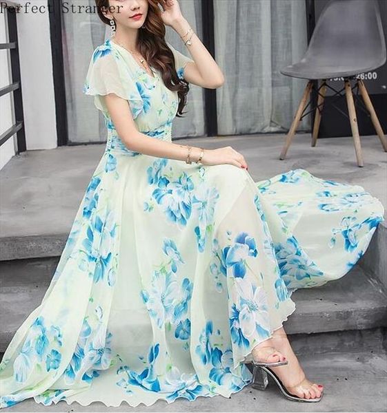 

bohemian style s 5xl 2018 summer new arrival collect waist flare sleeve flower printed woman chiffon long dress, Black;gray