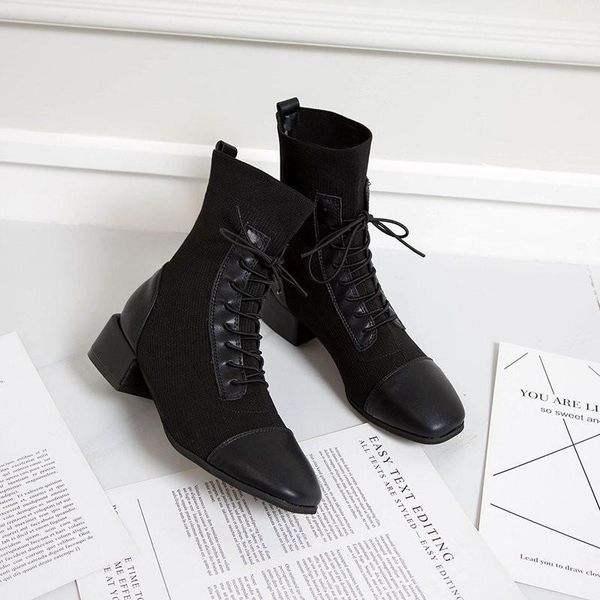 

fashion women's ankle boots genuine leather ladies boots handmade square toe skinny woman stretch cross-tied, Black