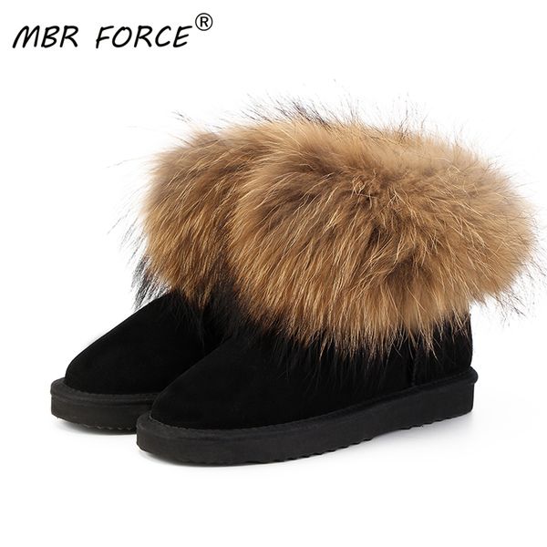 

mbr force cow suede leather 100% natural fox fur women short winter ankle snow boots for woman winter shoes women boo, Black