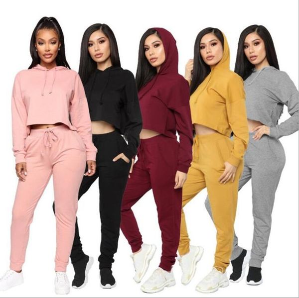 

women tracksuit crop hoodies hooded sweater and pants legging outfit two piece clothing set solid color trousers suit cz121601, White