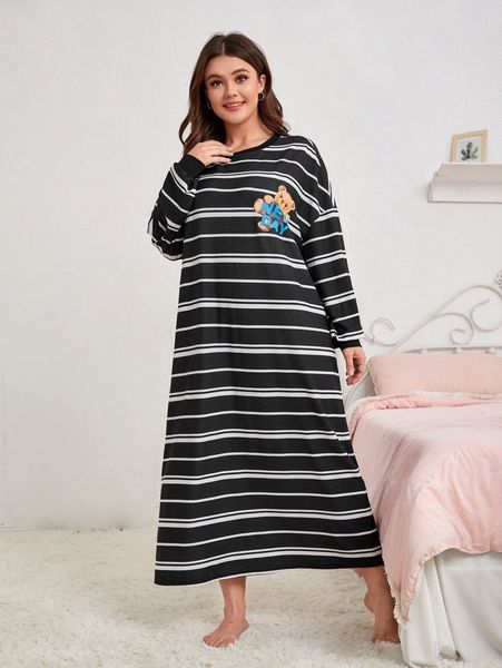 

plus drop shoulder letter & bear print striped sleepdress b3sz#, Black;white