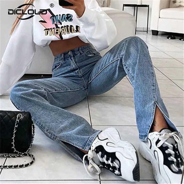 

vintage autumn 2020 split straight jeans women high waist loose solid denim pants chic street cool girls floor length blue jeans1