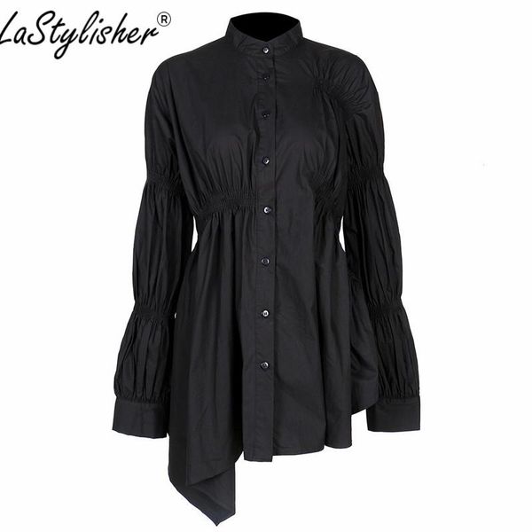 

длинные фонарики женщины блузка рубашки топы осень летняя белая рубашка сгиб упругое стежка большой размер рубашка блузка мода 2020, White